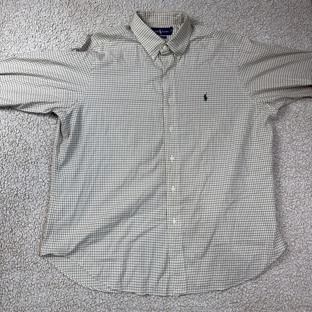 Ralph Lauren Button Down Shirt Mens XL Cream Tattersall Check Classic Fit Cotton